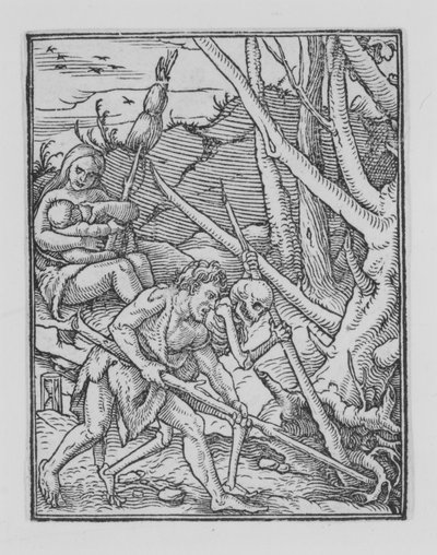 アダムの掘削、「死のダンス」より。 1526年、1538年に出版。 作： Hans Lützelburger