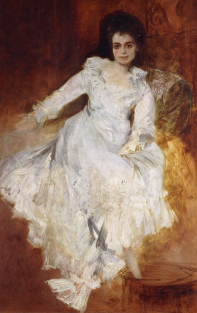 ソファに横たわる白いドレスを着ている女性の肖像画、 作： Hans Makart