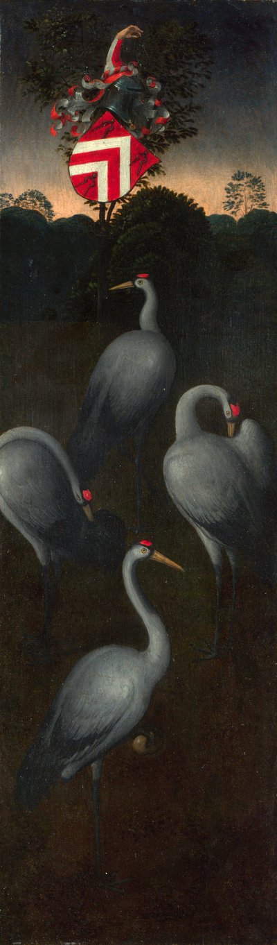 パガニョッティ家の紋章のある鶴トリプティクのパネルの裏、c。 1480 作： Hans Memling