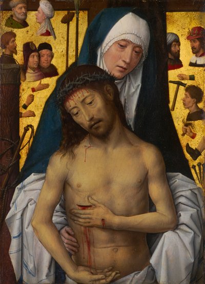 聖母マリアは悲しみの男を示しています 作： Hans Memling