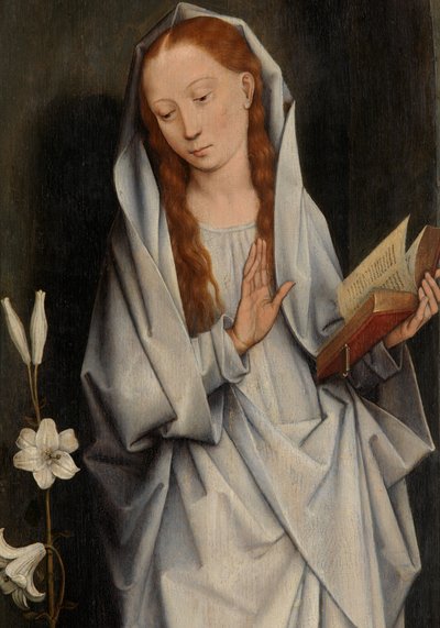 受胎告知を示す一対の翼の裏側からの聖母の詳細（パネルに油彩） 作： Hans Memling