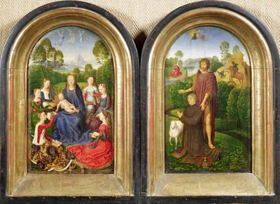 ジャンデュセリエの二連祭壇画：聖者と聖母子と寄贈者、セントジョンザバプティスト、1490年 作： Hans Memling