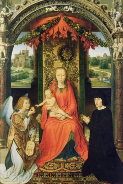 寄付者と天使のいるマドンナと子供、三連祭壇画の中央パネル、1485-90（パネル） 作： Hans Memling