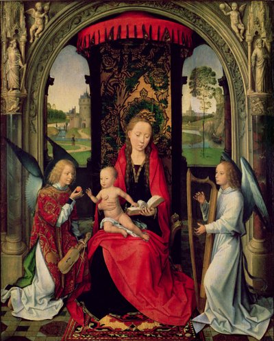 聖母子と二人の天使（パネル・油彩 作： Hans Memling