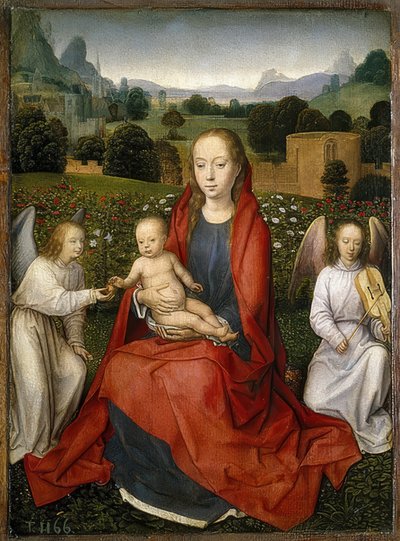 マドンナと二人の天使の子供。 1480-90 作： Hans Memling