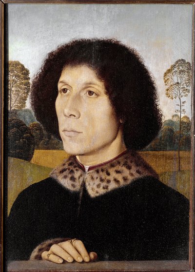 風景の中の無名の男の肖像（木に油彩 作： Hans Memling