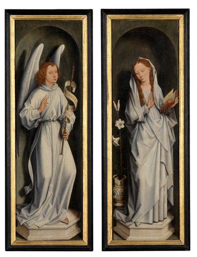 受胎告知を示す一対の翼の裏返し (パネルに油彩) 作： Hans Memling