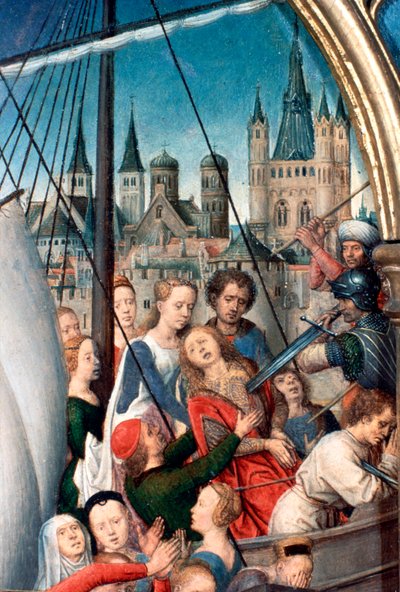 聖ウルスラ神殿、殉教、詳細、1489 作： Hans Memling