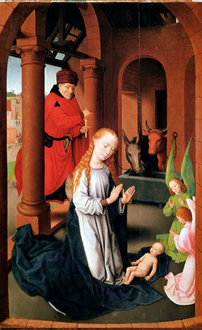 キリストの降誕。礼拝のトリプティク」の左パネル（木にデトレンペ、1470年頃 作： Hans Memling