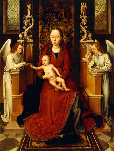 聖母子は二人の天使と共に即位しました、 作： Hans Memling