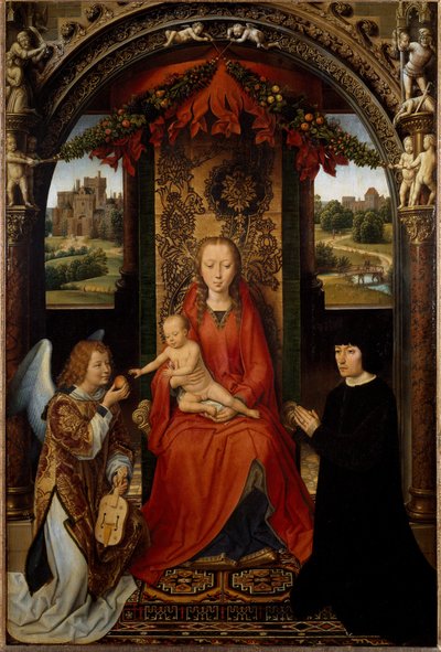 聖母子と献金者と音楽家の天使。(絵画、1485年頃) 作： Hans Memling