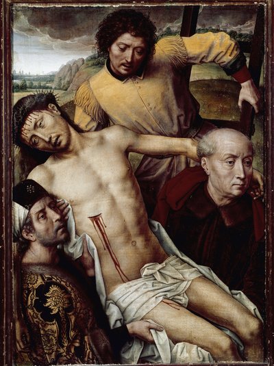十字架の降下（デポジション）の様子。イエス・キリストの遺体は、アリマティアのヨセフ（左）、ニコデマ（右）ら3人の男たちによって運ばれる。ハンス・メンリング（1433-1494）による絵画、年1470年。フランドル美術。木に油彩。グラナダ、王立礼拝堂。 作： Hans Memling