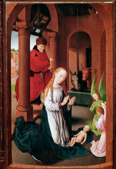 プラドのトリプティク（またはマギの崇拝）。聖母マリア左パネル（絵画、1470年頃 作： Hans Memling