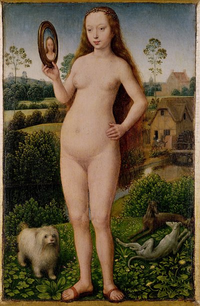 虚栄心、地球の虚栄心と神の救済の三連祭壇画、1485年頃の中央パネル 作： Hans Memling