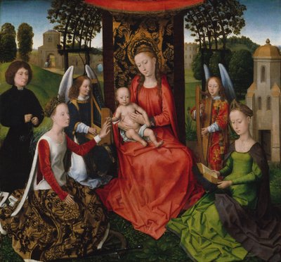 1480年代初頭のアレクサンドリアとバーバラの聖人キャサリンと聖母子。 作： Hans Memling