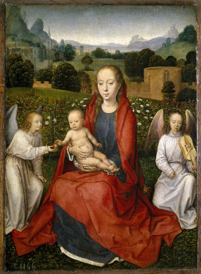 聖母子と二人の天使、1480-1490 作： Hans Memling