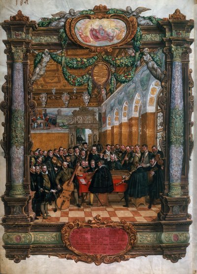 左下のオルランド・ディ・ラッソ（1532-1594）は、ミュンヘンの宮廷でバイエルン公アルブレヒト5世のためにコンサートを行っている。 作： Hans Mielich or Muelich