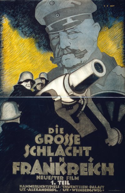 第一次世界大戦の映画「Die Grosse Schlacht in Frankreich」Part I（フランスでの大決戦）のポスター。迫撃砲を囲むドイツの砲手たち。背景にはヒンデンブルク元帥がそびえ立っている。ハンス・ルディ・エルド（1883-1918）ドイツの画家 作： Hans Rudi Erdt