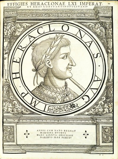 ヘラクロナスは、古代の硬貨のローマの東西の真実の実像から、ルドルフヴィッセンバッハによって彫刻され、チューリッヒのアンドレアスゲスナーによって印刷されました。 作： Hans Rudolf Manuel Deutsch