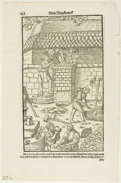 アグリコラ著『Vom Bergwerck XII Bücher』よりCCCLページ、16世紀の書籍からの木版画より43版 作： Hans Rudolf Manuel Deutsch