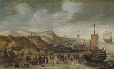 1614 年 12 月 28 日、ノールトワイクの浜辺に打ち上げられたマッコウクジラ 作： Hans Savery (I) (attributed to)