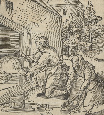 豚を屠殺する農夫、Hymmelwagen auff dem, wer wol leben..., 1517. 作： Hans Schäufelein the Elder