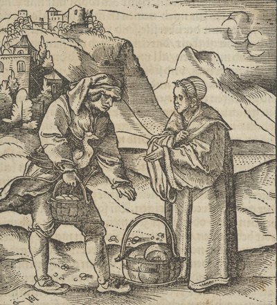 Hymmelwagen auff dem, wer wol leben..., 1517 からの農夫と彼のパトロン。 作： Hans Schäufelein the Elder