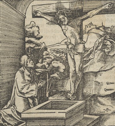 十字架の前で祈る男, from Hymmelwagen auff dem, wer wol Leben..., 1517. 作： Hans Schäufelein the Elder