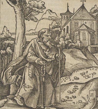 右に歩く老巡礼者、Hymmelwagen auff dem, wer wol Leben..., 1517. 作： Hans Schäufelein the Elder