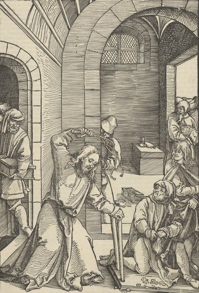 神殿を清めるキリスト、「我らの主イエス・キリストの受難の鏡」より、1507年。 作： Hans Schäufelein the Elder