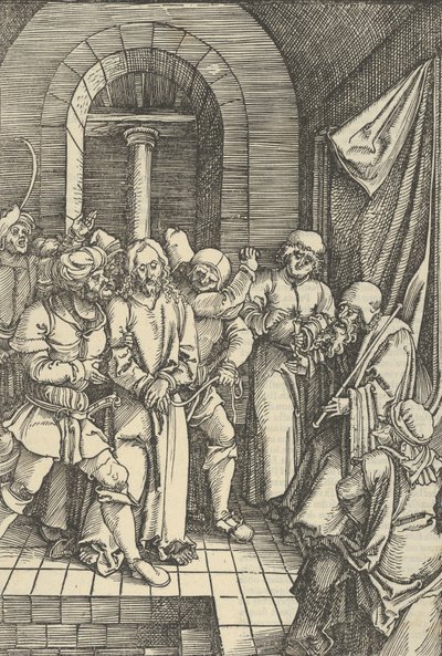 アンナスの前のキリスト、私たちの主イエス・キリストの情熱の鏡から、1507年. 作： Hans Schäufelein the Elder