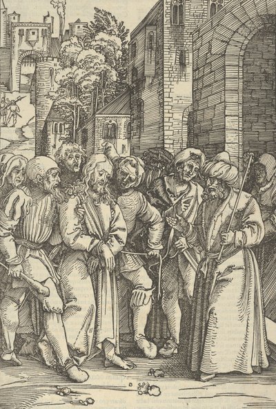 私たちの主イエス・キリストの情熱の鏡から、彼の宮殿の前でピラトの前にキリスト., 1507. 作： Hans Schäufelein the Elder