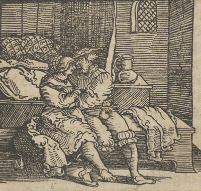 妻とゼッパが座っているチェストに閉じ込められたスピネロッチョ、1534 年以前。 作： Hans Schäufelein the Elder