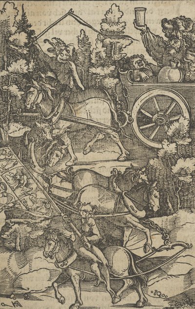 地獄に向かう途中の戦車に乗った酔っぱらい、Hymmelwagen の誰が生きているか、1517. 作： ハンス・シャウフェライン（父）