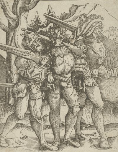 マスケット銃を持った 3 人の兵士, ca. 1511-15。 作： Hans Schäufelein the Elder