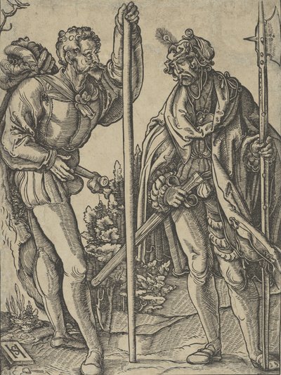 ランスとハルバードと会話する 2 人の兵士。 1515年。 作： Hans Schäufelein the Elder
