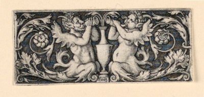 男性と女性のトリトンが並ぶ花瓶のあるフリーズ 作： Hans Sebald Beham