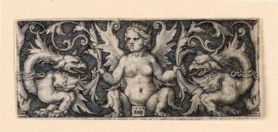 有翼の女性像と 2 羽のグロテスクな雄鶏のフリーズ 作： Hans Sebald Beham