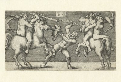 馬に乗った女性と立っている男性の 2 人の男性の間の戦い 作： Hans Sebald Beham