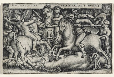 トロイの木馬と戦うヘラクレス、1545年（紙に刻印） 作： Hans Sebald Beham