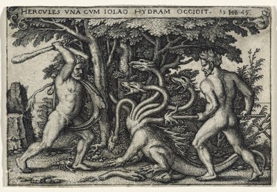 ヒュドラーを殺害するヘラクレス、1545年（敷設紙に彫刻） 作： Hans Sebald Beham