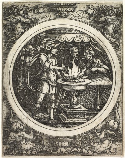 火の中で手をつないでいるムシウスc。 1520。 作： Hans Sebald Beham
