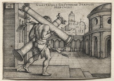 ヘラクレスの労働：ガデスの柱を運ぶヘラクレス、1545年。 作： Hans Sebald Beham
