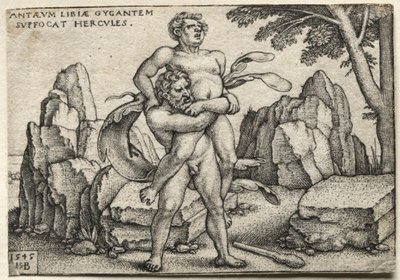 ヘラクレスの労働：ヘラクレスがアンタエウスを押しつぶす、1545年。 作： Hans Sebald Beham