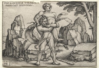 ヘラクレスの労働：ヘラクレスがアンタエウスを押しつぶす、1545年。 作： Hans Sebald Beham