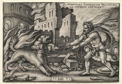 ヘラクレスの労働: ケルベロスを冥界から引きずり出すヘラクレス 作： Hans Sebald Beham