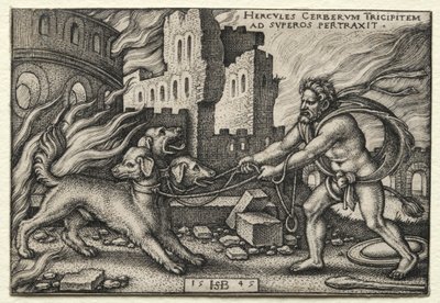 ヘラクレスの労働：ヘラクレスが地下世界からケルベロスを引きずる、1545年。 作： Hans Sebald Beham