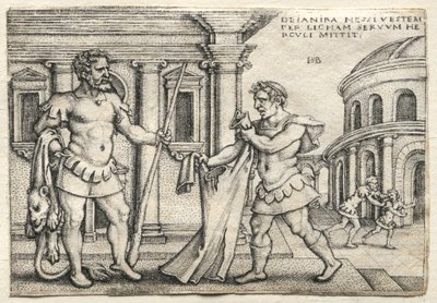 ヘラクレスの労働者：ネスソの血に染まった衣服を受け取るヘラクレス、1542年。 作： Hans Sebald Beham