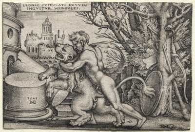 ヘラクレスの労働: ネメアのライオンを絞殺するヘラクレス 作： Hans Sebald Beham