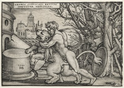 ヘラクレスの労働: ネメアのライオンを絞殺するヘラクレス 作： Hans Sebald Beham